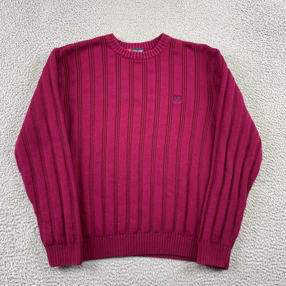 Chaps Sweater Mens Medium Maroon‎ Crewneck Vertical Ribbed Knit Cotton Pullover